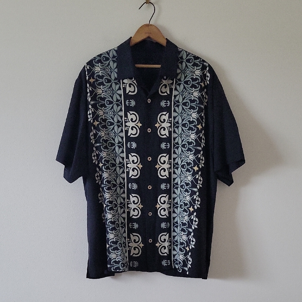 Tommy Bahama Black Silk Button Down Short‎ Sleeve Shirt Size XL